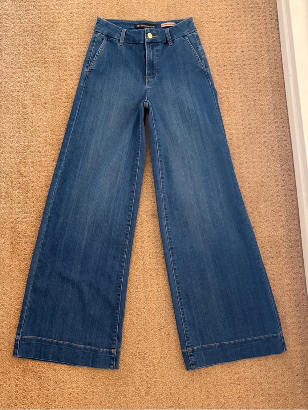 New BCBG BCBGeneration Stretch High Rise Wide Leg Trousers Blue Jeans Size 3 26